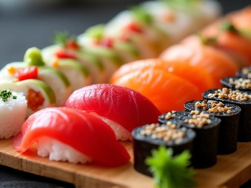A colorful sushi platter beautifully arranged by a student.