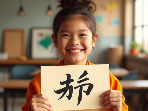 A smiling student holds up their completed calligraphy artwork.